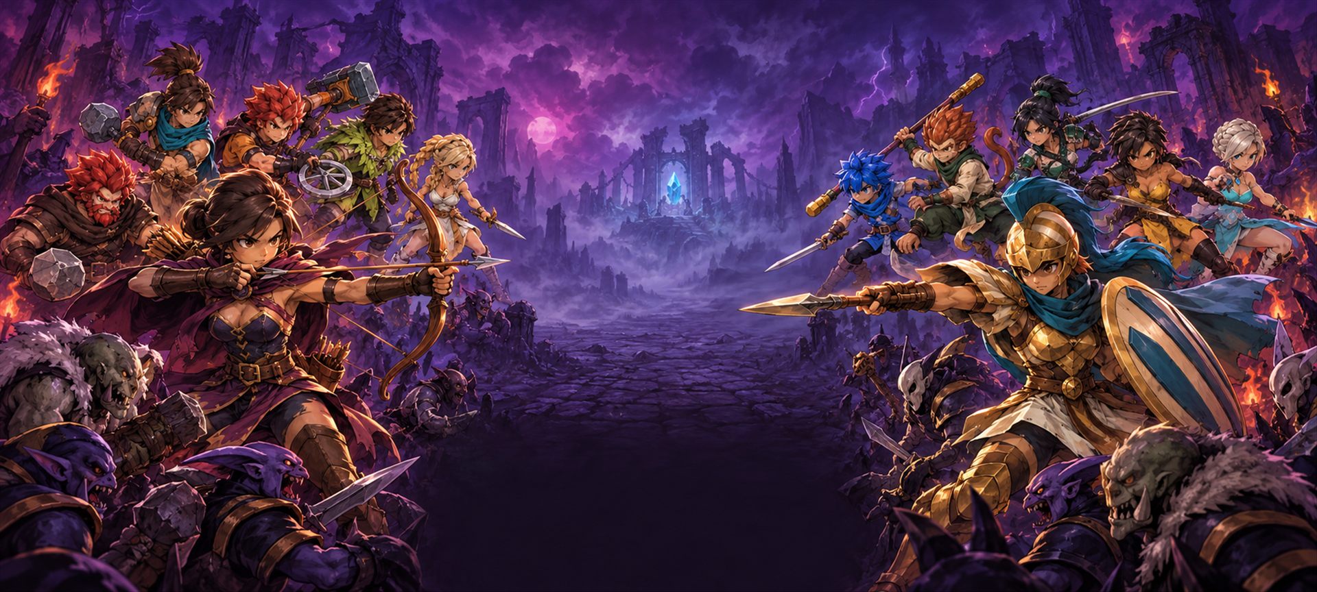 Shacklefall key art: heroes facing a horde in a ruined violet land